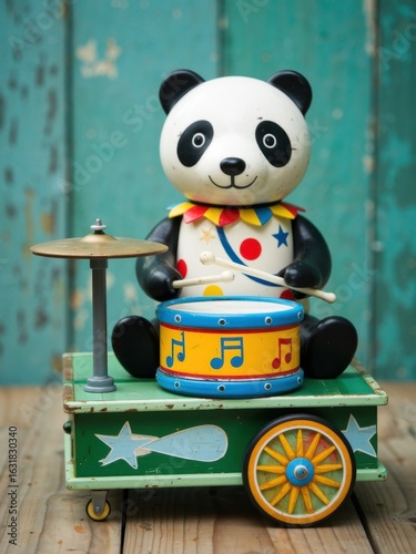 Panda drummer toy performance vintage setting decorative art playful environment close-up perspective