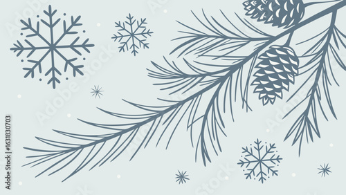 Elegant Winter Pine Branch with Pinecones and Snowflakes Illustration.