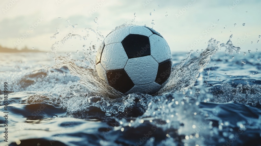 Naklejka premium Dynamic action shot of a soccer ball splashing in the sea with blue water
