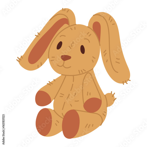 Soft plush rabbit toy. Children's soft, gentle toy with long ears on side. Flat, isolated, colorful illustration. Soft friend for the child. toy represents fluffy love with soft filling for children's