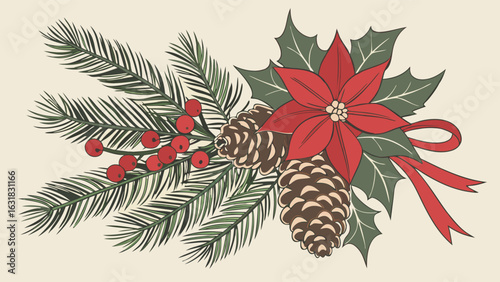 Festive Christmas Arrangement with Poinsettia Pine Cones and Berries.