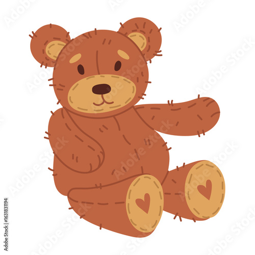 Soft plush bear toy. Children's soft and gentle toy with hearts on paws. Flat isolated colorful illustration. Soft, fluffy friend for children. Toy represents fluffy love for children's development