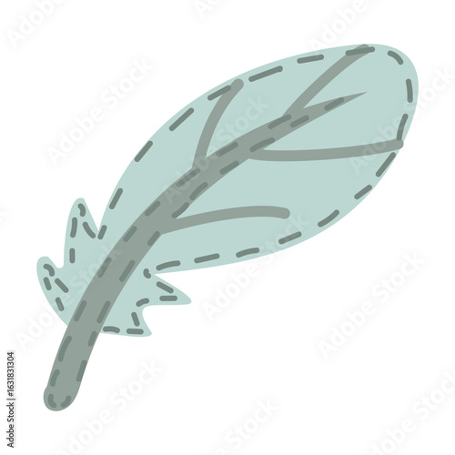 Soft feather-shaped pillow. Blue children's toy with sewn stitching line. Flat isolated colorful illustration. Cute decor in children's room. Handmade pillow for children. Love, comfort, and care