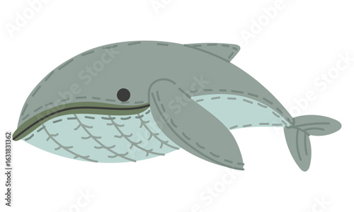 Soft pillow in the shape of a whale. Handmade children's toy with sewing shirts. Flat, isolated, colorful illustration. Cute decor in children's room. Handmade pillow for children. Love, comfort, care