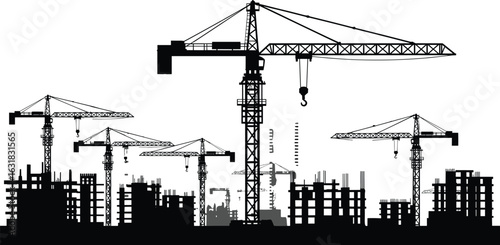 Construction cranes silhouette, urban building site, tower cranes, city development, construction industry, scaffolding structures,
