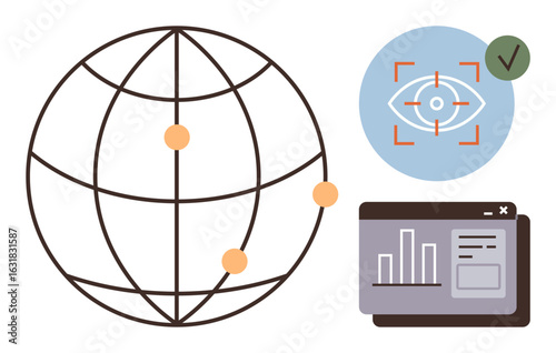 Globe with data points, eye recognition in focus, and analytics dashboard. Ideal for technology, innovation, global reach, data analysis, security connectivity efficiency. Simple flat metaphor
