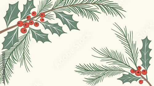 Festive Holiday Branches with Holly and Berries.