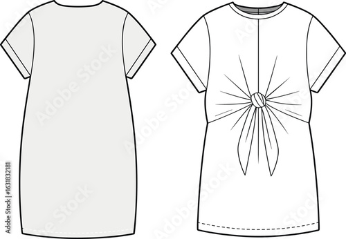 Front and back flat sketch of women’s knotted t-shirt dress design template with short sleeves, fashion technical drawing for apparel mockup