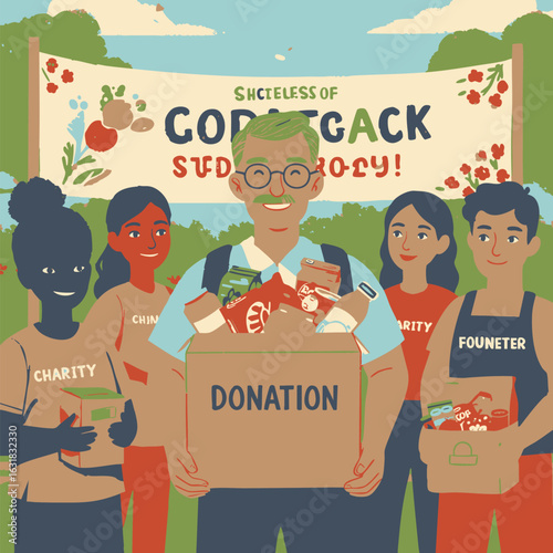 An illustration of a happy volunteer organizer receiving food donations at a local charity event.