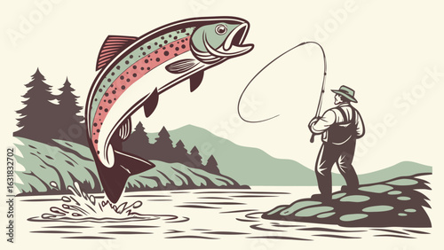 Fisherman and Jumping Rainbow Trout in a Scenic Landscape.