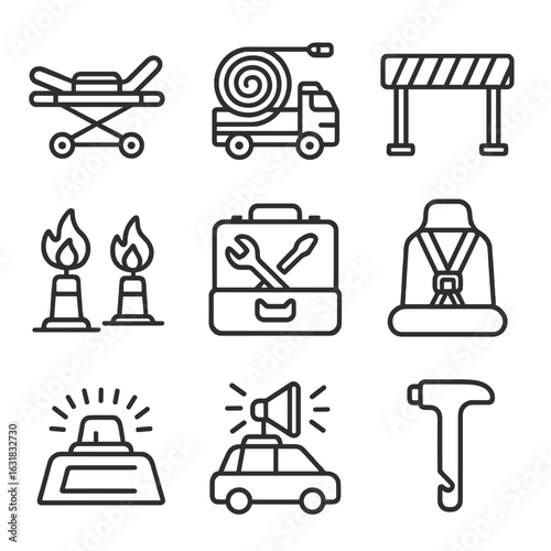 Emergency Vehicle Icons. Line style icons of emergency vehicle safety gear: ambulance stretcher icon, fire truck hose system,