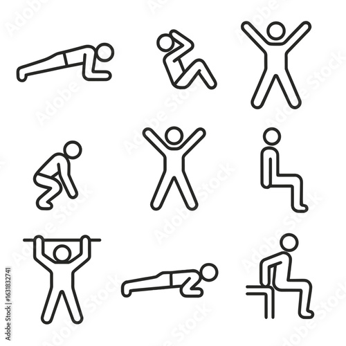Bodyweight Exercise Icons. Line style icons of bodyweight exercises: plank hold, sit-up position, burpees motion icon, jumping