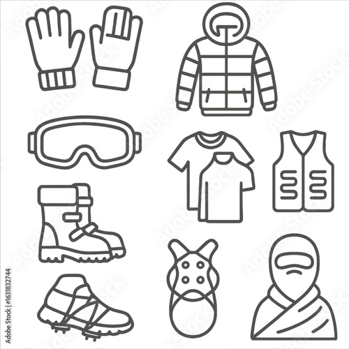 Cold Weather Gear Icons. Line style icons of cold weather safety gear: insulated gloves, thermal jacket, snow boots icon, frost