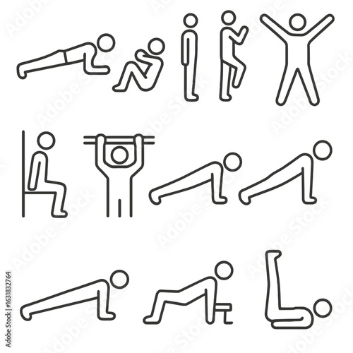Bodyweight Exercise Icons. Line style icons of bodyweight exercises: plank hold, sit-up position, burpees motion icon, jumping