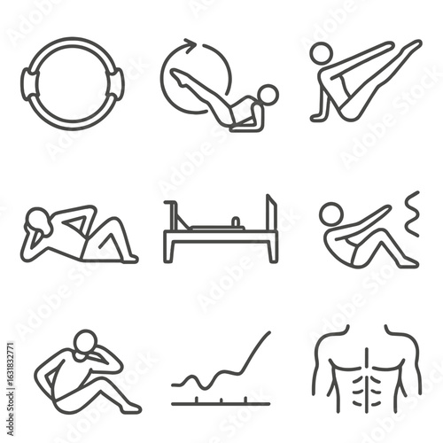 Pilates Workout Icons. Line style icons of pilates and core workouts: Pilates ring icon, leg circle motion, bridge pose figure,