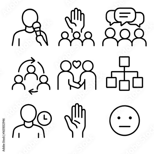 Group Facilitation Icons. Line style icons of group facilitation and moderation: moderator with mic, hand raised in crowd, group