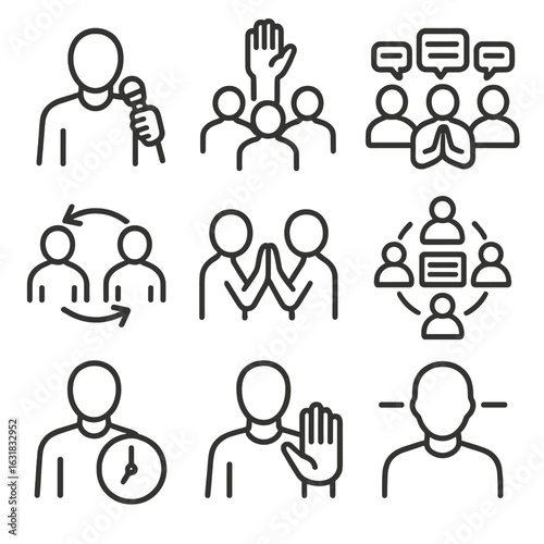 Group Facilitation Icons. Line style icons of group facilitation and moderation: moderator with mic, hand raised in crowd, group
