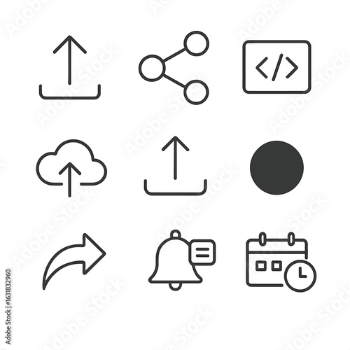 Multimedia Sharing Icons. Line style icons of multimedia sharing and publishing: upload arrow icon, share with network, embedded