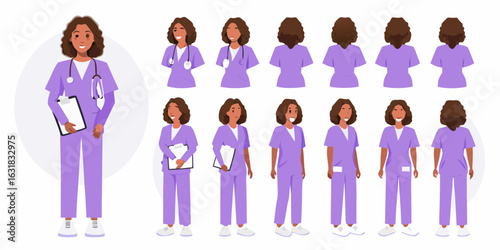 Diverse nurse character poses and expressions for medical illustrations