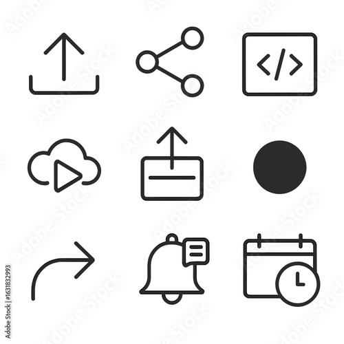 Multimedia Sharing Icons. Line style icons of multimedia sharing and publishing: upload arrow icon, share with network, embedded