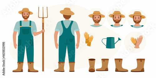 Farmer character design with tools and accessories