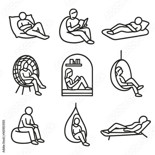 Hammock Alternatives Icons. Line style icons of hammock alternatives: reclining on large pillow, beanbag with book, soft floor
