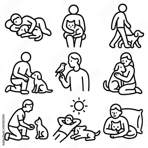Relaxing with Pets. Line style icons of people relaxing with pets: person napping with dog, cat on lap icon, walking slowly with