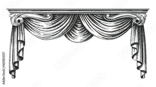 Elegant swag draped curtain with volute details