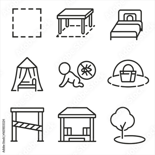 Repellent Zone Icons. Line style icons of repellent zone marking: floor area marked “treated,” table edge repellent line, sleeping