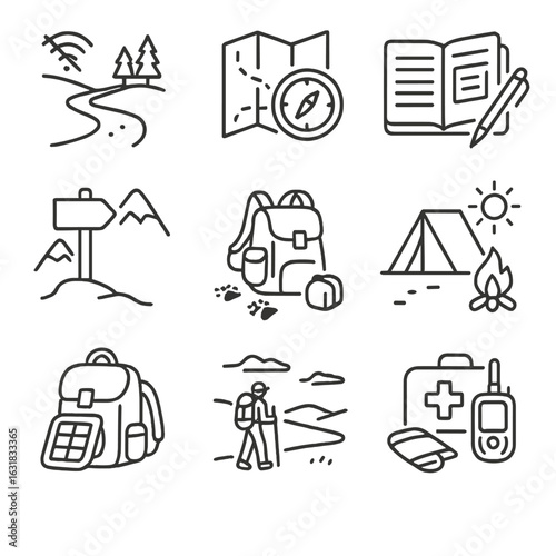 Wilderness Exploration Icons. Line style icons of remote wilderness exploration: trail with no signal icon, compass + map
