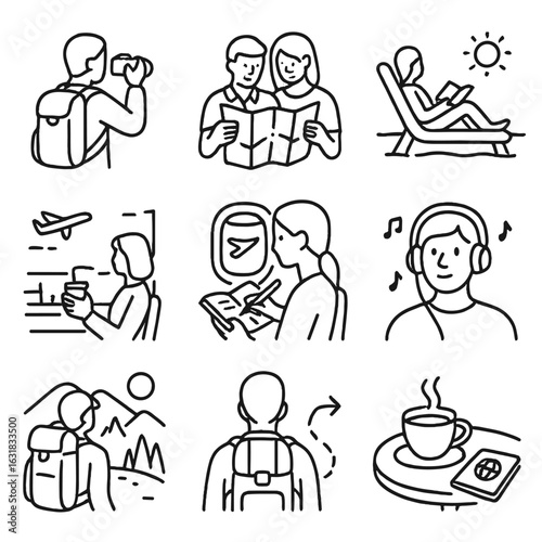 Travel Lifestyle Icons. Line style icons of travel lifestyle moments: person photographing landscape, couple looking at map,