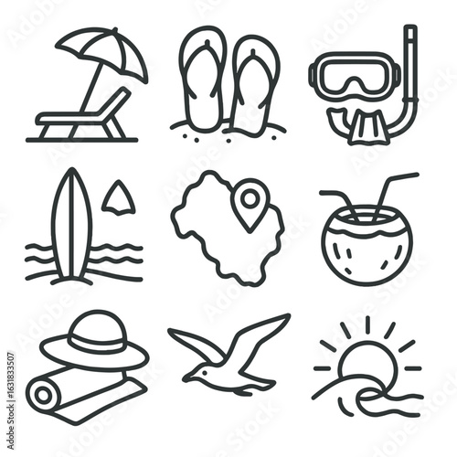 Beach Travel Icons. Line style icons of beach and island travel: umbrella with lounge chair, flip flops in sand, snorkel mask and