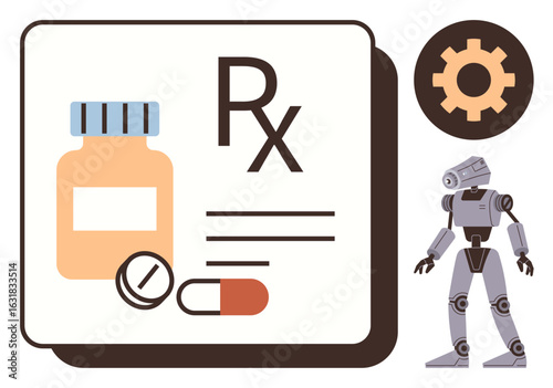 Medicine bottle, pills, prescription symbol, robot figure, and gear icon representing healthcare innovation. Ideal for AI in healthcare, digital health, pharmacy automation, biotech medical