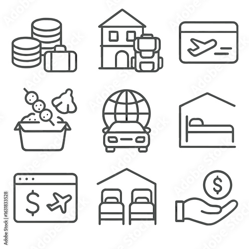 Budget Travel Icons. Line style icons of budget travel tools: coin stack and suitcase, backpacking hostel icon, travel card pass,