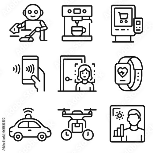 Automation Line Icons. Line style icons of automation in daily life: robot doing chores, automatic coffee maker, self-checkout