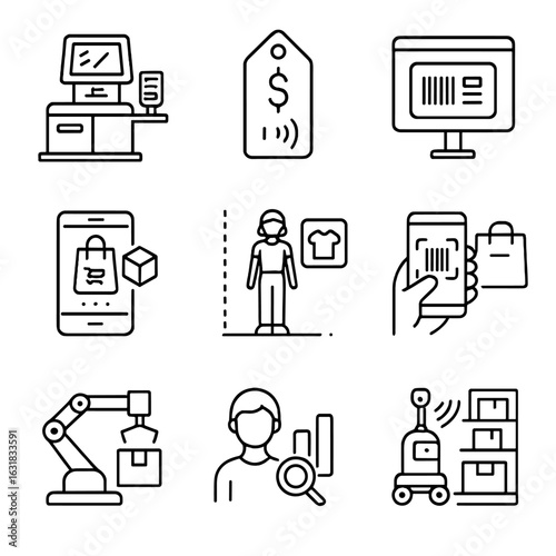 Retail Automation Icons. Line style icons of retail and shopping automation: self-service checkout, smart price tag, digital shelf