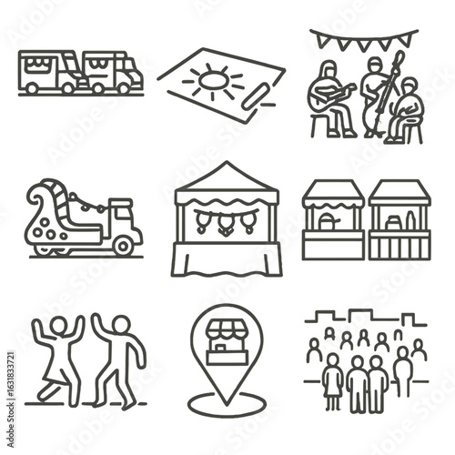 Festival Icon Collection. Line style icons of open-air and street festivals: food truck row, chalk art on pavement, acoustic band