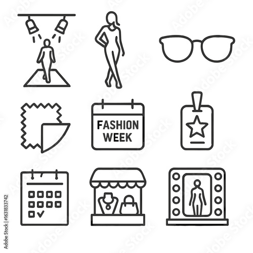 Fashion Event Icons. Line style icons of fashion and design events: runway with spotlight, model walk pose, designer glasses icon,