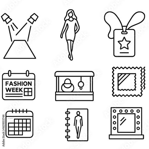 Fashion Event Icons. Line style icons of fashion and design events: runway with spotlight, model walk pose, designer glasses icon,