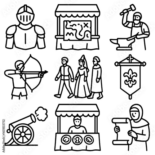Historical Festival Line Icons. Line style icons of historical and reenactment festivals: knight in armor icon, old map booth,