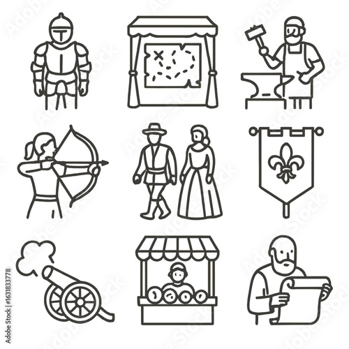 Historical Festival Line Icons. Line style icons of historical and reenactment festivals: knight in armor icon, old map booth,