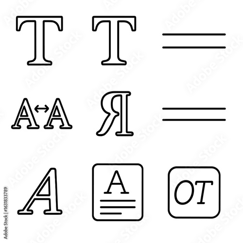 Typography Line Icons. Line style icons of typography and letterforms: serif and sans serif T icons, baseline and x-height line,
