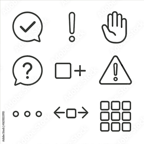 Communication Icons Line Art. Line style icons of visual symbols and cues in communication: checkmark in bubble, exclamation icon,