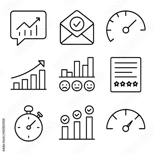 Communication Analytics Icons. Line style icons of communication analytics and metrics: speech bubble with graph, message open