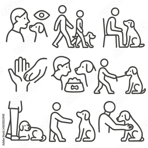 Pet and Human Icons. Line style icons of pet and human relationship dynamics: eye contact moment, synchronized walk step, pet