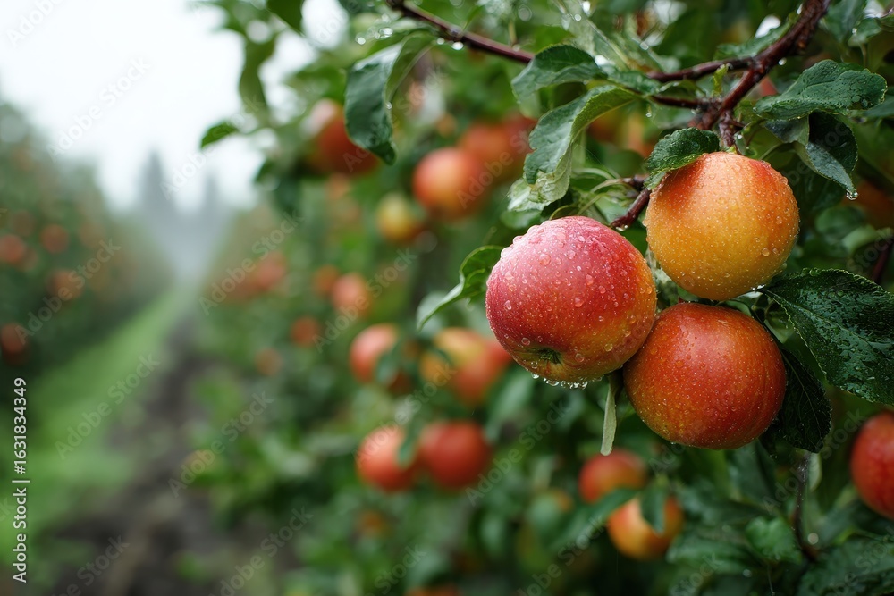 Obraz premium Lush orchard filled with ripe fruits under a rainy sky, with soft mist and water droplets clinging to fresh leaves, showcasing the beauty of organic farming and sustainable outdoor agriculture