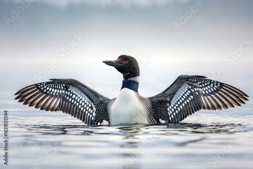 A common loon with wings spread wide swims in misty water during a serene foggy morning, displaying its distinctive plumage
