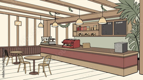 Interior Illustration of a Cozy Cafe with Tables and Counter.
