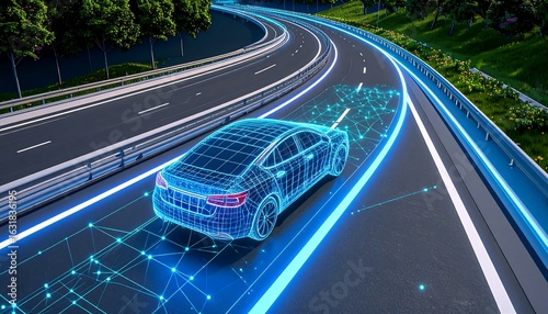 Wallpaper Mural Futuristic self-driving car with holographic connectivity on a highway, symbolizing technological advancements Torontodigital.ca