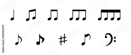 Music Notes and Symbols Set on White, Black Musical Notation Icons, Melody and Rhythm Graphic Elements, Sharp and Bass Clef Signs, Minimal Sheet Music Symbols, Pixel art.